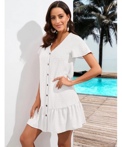 Wedding Guest Dresses for Women V Neck Tie Waist Ruffle Hem Mini Dress A Line Short Sleeve Summer Casual Beach Dress Z-white ...