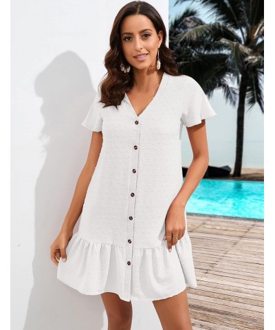 Wedding Guest Dresses for Women V Neck Tie Waist Ruffle Hem Mini Dress A Line Short Sleeve Summer Casual Beach Dress Z-white ...