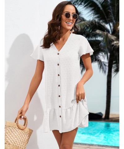 Wedding Guest Dresses for Women V Neck Tie Waist Ruffle Hem Mini Dress A Line Short Sleeve Summer Casual Beach Dress Z-white ...