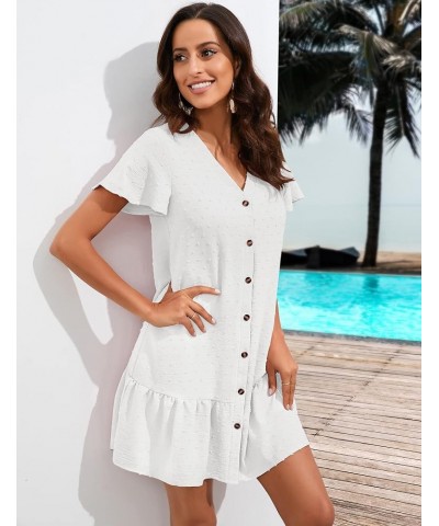 Wedding Guest Dresses for Women V Neck Tie Waist Ruffle Hem Mini Dress A Line Short Sleeve Summer Casual Beach Dress Z-white ...