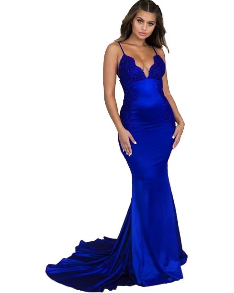 Women's Lace Appliques Mermaid Long Train Prom Dresses Open Back Evening Gowns Style B Royal Blue $44.59 Dresses