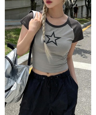 Women's Short Sleeve Summer T Shirt Graphic Print Round Neck Crop Top Tee Multicolor $11.25 Tops