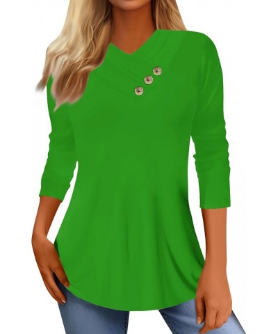 Womens Tops Trendy V Neck 3/4 Length Sleeve Buttons Casual Print Blouses Three Quarter Length Tunics 01-green $10.99 Tops