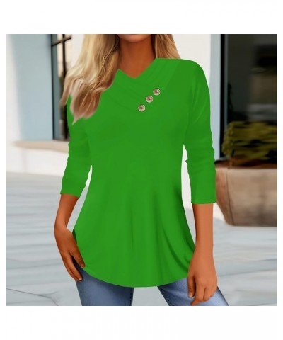 Womens Tops Trendy V Neck 3/4 Length Sleeve Buttons Casual Print Blouses Three Quarter Length Tunics 01-green $10.99 Tops