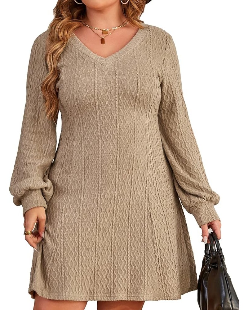 Women Knitted Dresses V Neck Short Thin Sweater Bottoming Dress Long Lantern Sleeve A Line 2022 Fall Winter Dress Aa-khaki(v ...