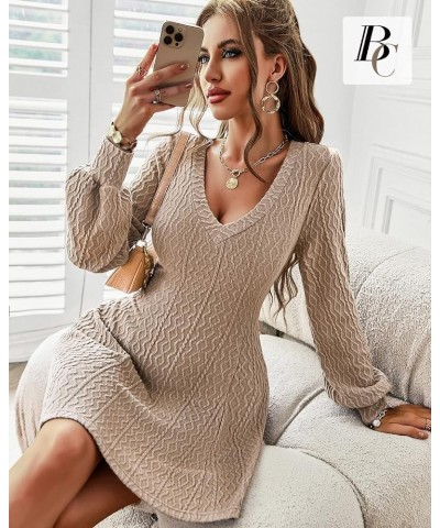 Women Knitted Dresses V Neck Short Thin Sweater Bottoming Dress Long Lantern Sleeve A Line 2022 Fall Winter Dress Aa-khaki(v ...