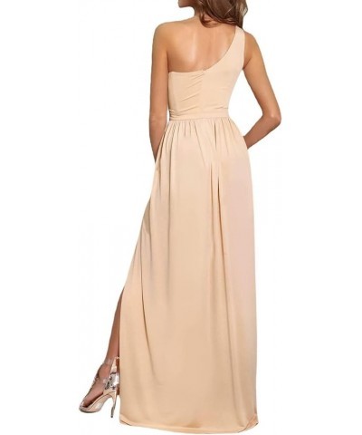 Women's One Shoulder High Split Sleeveless Ruched Sexy Cocktail Maxi Long Dress Beige $30.00 Dresses