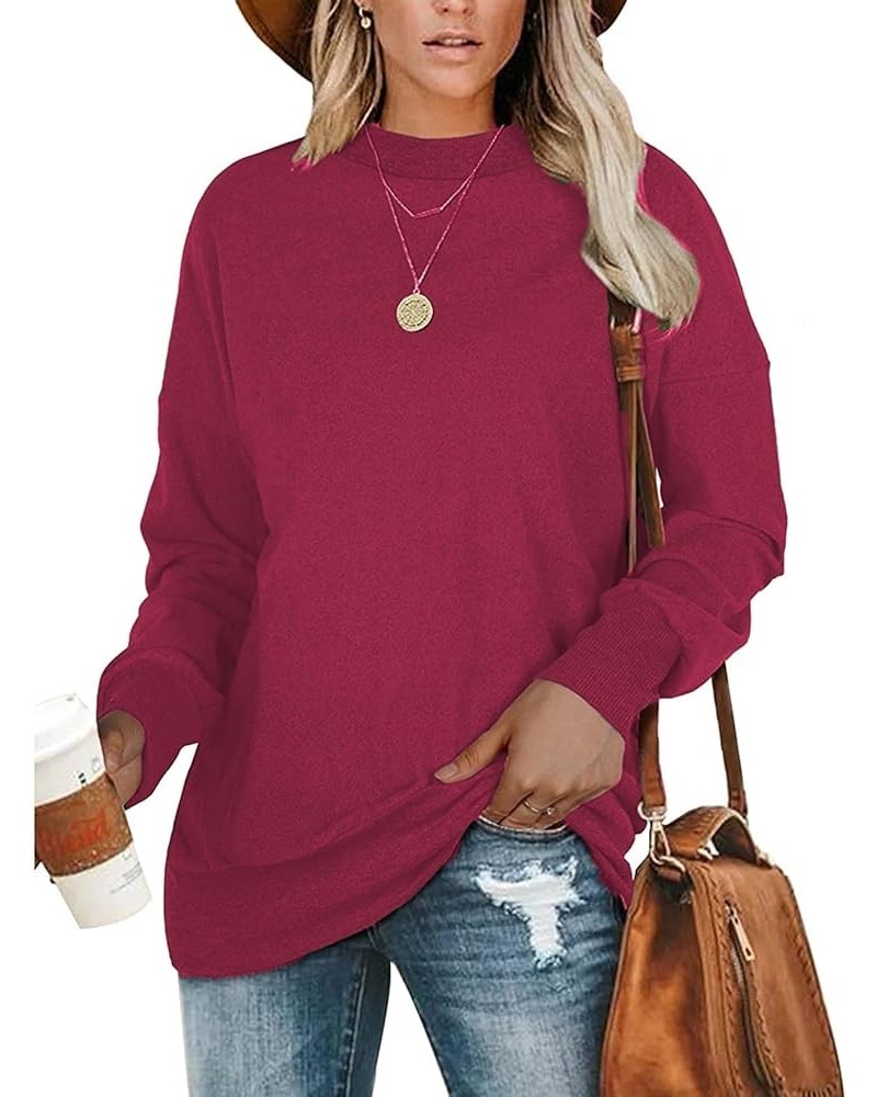 Women's Crewneck Sweatshirts Casual Long Sleeve Tunic Tops Loose Fit Pullover Tops Shirts Rose Red $10.07 Tops