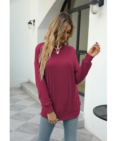 Women's Crewneck Sweatshirts Casual Long Sleeve Tunic Tops Loose Fit Pullover Tops Shirts Rose Red $10.07 Tops