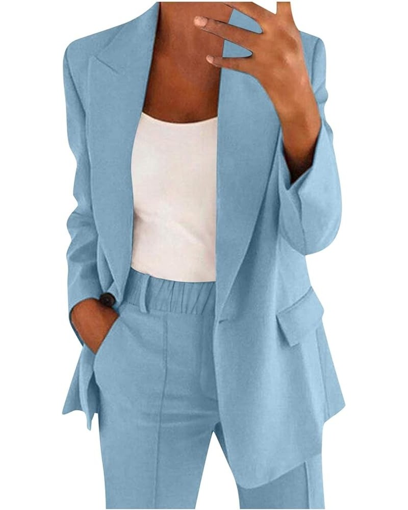 Women 2 Piece Plus Size Casual Blazers Open Front Long Sleeve Button Jackets and Pants Office Business Work Suit Set Light Bl...