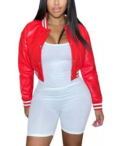 Women's Cropped Varsity Jacket Long Sleeve Button Down Bomber Jackets Casual Baseball Coat Jacket Outerwear Red-1 $23.93 Jackets