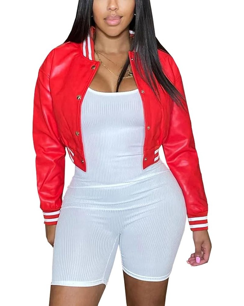 Women's Cropped Varsity Jacket Long Sleeve Button Down Bomber Jackets Casual Baseball Coat Jacket Outerwear Red-1 $23.93 Jackets