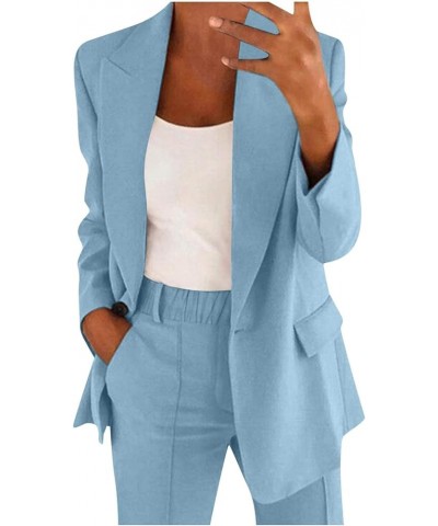 Women 2 Piece Plus Size Casual Blazers Open Front Long Sleeve Button Jackets and Pants Office Business Work Suit Set Light Bl...