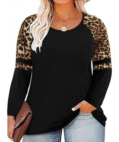 Plus Size T Shirt for Women Long Sleeve Raglan Tops Tee Shirts Color Block Top Leopard Plaid Print XL-5XL 14W-28W 9_ B1_ Blac...