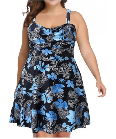 Plus Size Two Piece Swimsuits for Women Tankini Bathing Suits Flowy Swim Dress with Shorts Blue-1 $13.79 Swimsuits