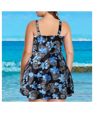 Plus Size Two Piece Swimsuits for Women Tankini Bathing Suits Flowy Swim Dress with Shorts Blue-1 $13.79 Swimsuits