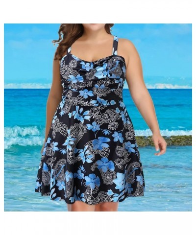 Plus Size Two Piece Swimsuits for Women Tankini Bathing Suits Flowy Swim Dress with Shorts Blue-1 $13.79 Swimsuits