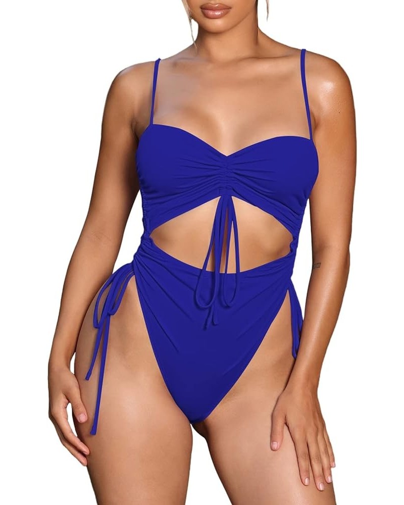 Women's Cut Out Drawstring One Piece Swimsuit Cheeky High Cut Bathing Suit Blue $14.70 Swimsuits