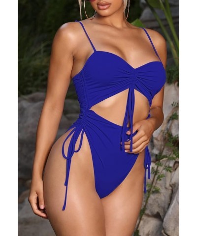 Women's Cut Out Drawstring One Piece Swimsuit Cheeky High Cut Bathing Suit Blue $14.70 Swimsuits