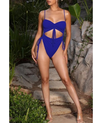 Women's Cut Out Drawstring One Piece Swimsuit Cheeky High Cut Bathing Suit Blue $14.70 Swimsuits