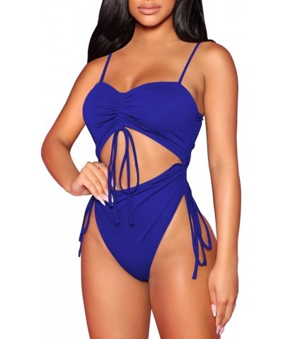 Women's Cut Out Drawstring One Piece Swimsuit Cheeky High Cut Bathing Suit Blue $14.70 Swimsuits