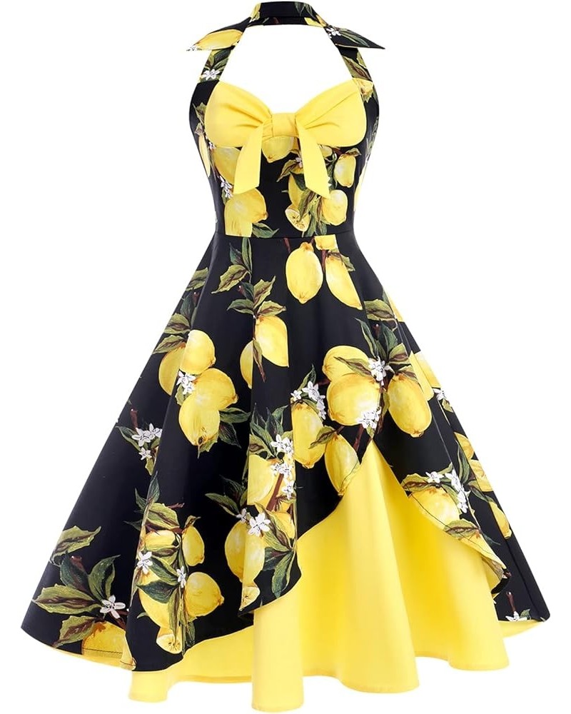 Women's Vintage 1950s Retro Rockabilly Cocktail Evening Party Swing Dress Halter Floral Bowknot Audrey Hupburn Dresses Yellow...