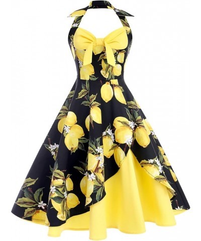 Women's Vintage 1950s Retro Rockabilly Cocktail Evening Party Swing Dress Halter Floral Bowknot Audrey Hupburn Dresses Yellow...