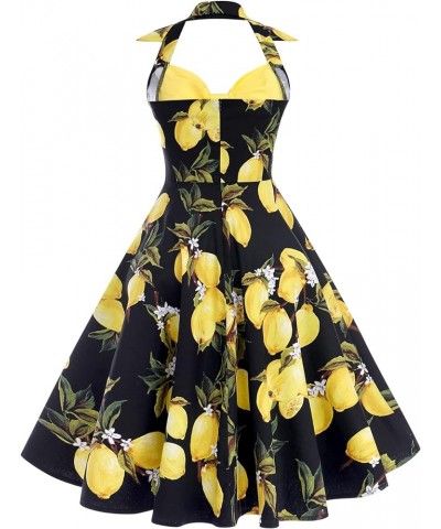 Women's Vintage 1950s Retro Rockabilly Cocktail Evening Party Swing Dress Halter Floral Bowknot Audrey Hupburn Dresses Yellow...