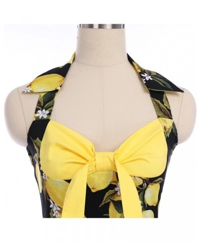 Women's Vintage 1950s Retro Rockabilly Cocktail Evening Party Swing Dress Halter Floral Bowknot Audrey Hupburn Dresses Yellow...