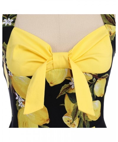 Women's Vintage 1950s Retro Rockabilly Cocktail Evening Party Swing Dress Halter Floral Bowknot Audrey Hupburn Dresses Yellow...