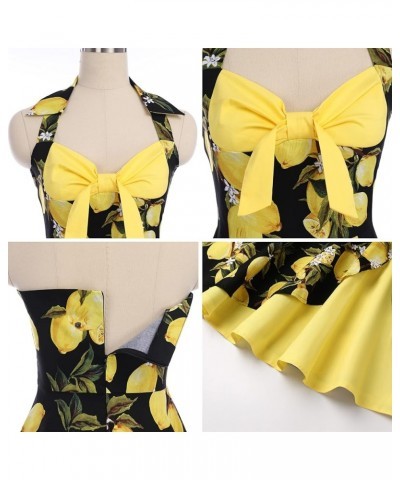 Women's Vintage 1950s Retro Rockabilly Cocktail Evening Party Swing Dress Halter Floral Bowknot Audrey Hupburn Dresses Yellow...