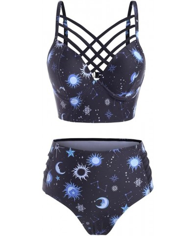 Women Swimsuit Celestial Star Moon Two-Piece Cute Bathing Suit High Waisted Tankini Criss Cross Bikini Goth Swimwear Navy $19...