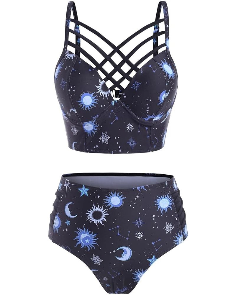 Women Swimsuit Celestial Star Moon Two-Piece Cute Bathing Suit High Waisted Tankini Criss Cross Bikini Goth Swimwear Navy $19...