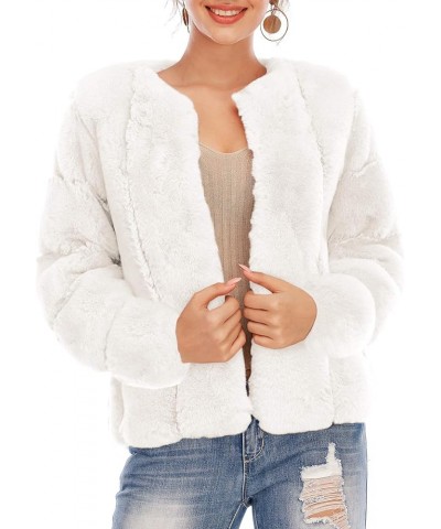 Women's Long Sleeve Open Front Fuzzy Faux Fur Coat White $32.50 Coats