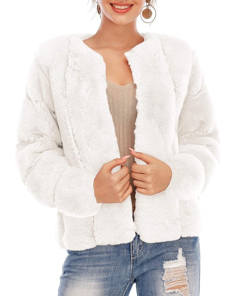 Women's Long Sleeve Open Front Fuzzy Faux Fur Coat White $32.50 Coats