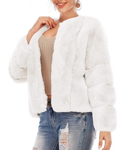 Women's Long Sleeve Open Front Fuzzy Faux Fur Coat White $32.50 Coats