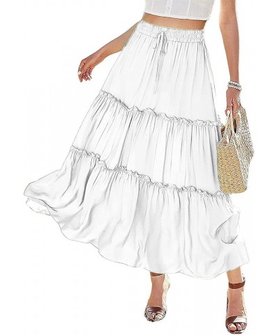 Women's Elastic High Waist A Line Layer Ruffle Swing Casual Long Maxi Skirt White $15.29 Skirts