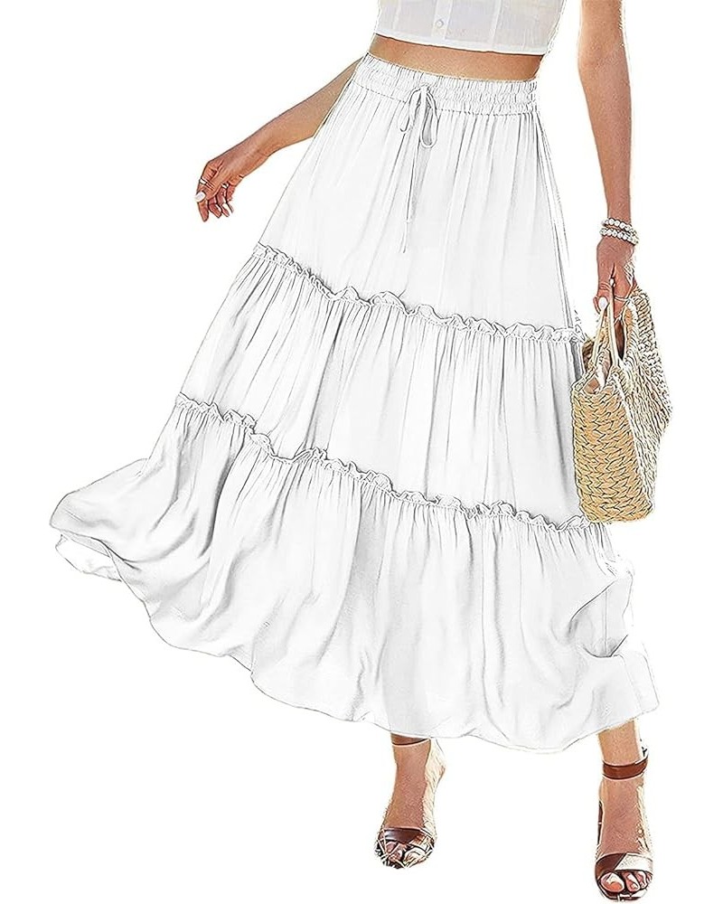 Women's Elastic High Waist A Line Layer Ruffle Swing Casual Long Maxi Skirt White $15.29 Skirts