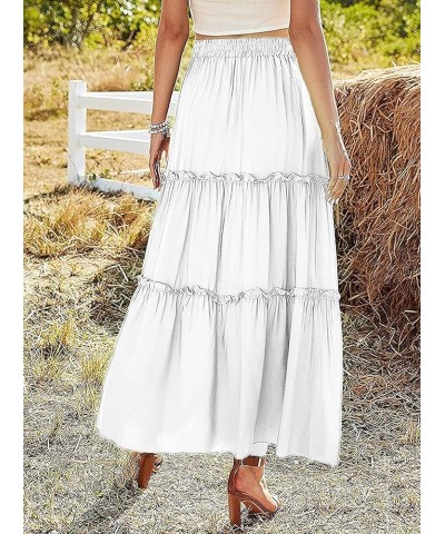 Women's Elastic High Waist A Line Layer Ruffle Swing Casual Long Maxi Skirt White $15.29 Skirts