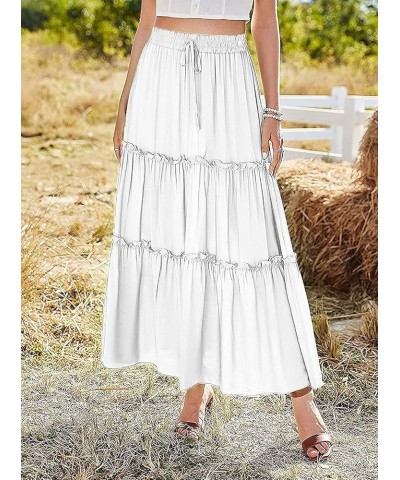 Women's Elastic High Waist A Line Layer Ruffle Swing Casual Long Maxi Skirt White $15.29 Skirts