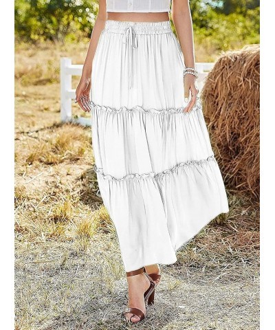 Women's Elastic High Waist A Line Layer Ruffle Swing Casual Long Maxi Skirt White $15.29 Skirts