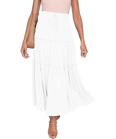 Women's Elastic High Waist A Line Layer Ruffle Swing Casual Long Maxi Skirt White $15.29 Skirts