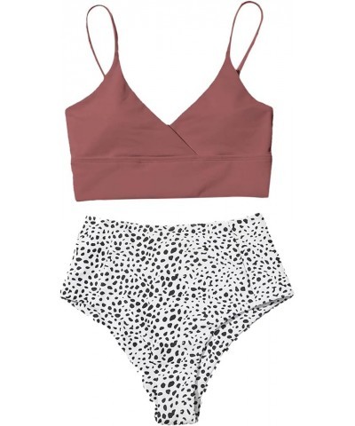 Women's Wrap V Neck Wireless Bra and Dalmatian High Waist Panty Bikini Set Swimsuit Pink and White $12.25 Swimsuits