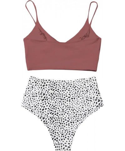 Women's Wrap V Neck Wireless Bra and Dalmatian High Waist Panty Bikini Set Swimsuit Pink and White $12.25 Swimsuits