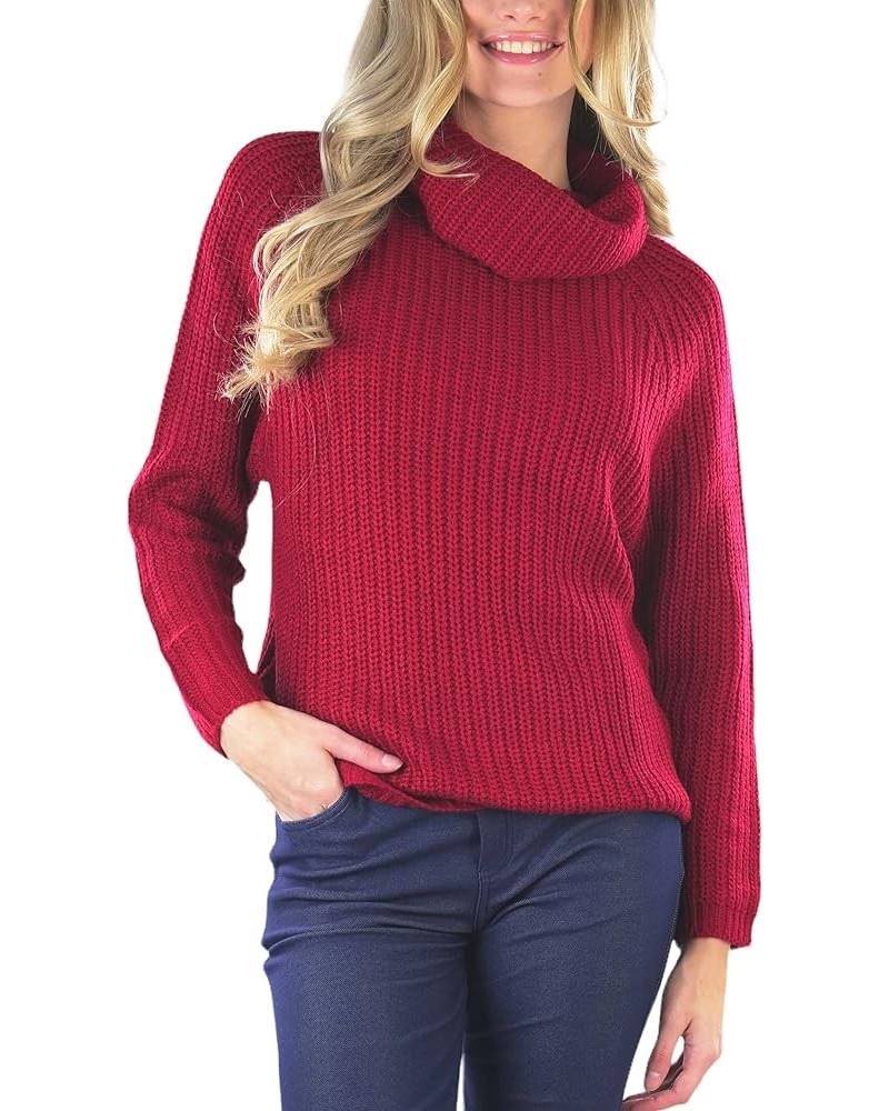 Women's Classic Knit Fold Over Turtleneck Pullover Long Sleeve Relaxed Chunky Knit Relaxed Foldover Turtleneck Sweater - Red ...