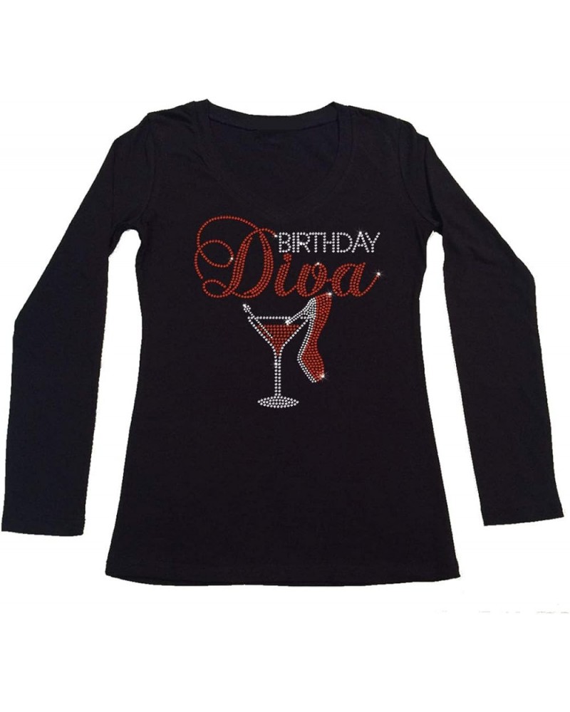 Women's Rhinestone Fitted Tight Snug Shirt Birthday Diva Heel and Martini Black Long Sleeve $16.23 T-Shirts