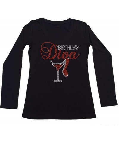 Women's Rhinestone Fitted Tight Snug Shirt Birthday Diva Heel and Martini Black Long Sleeve $16.23 T-Shirts