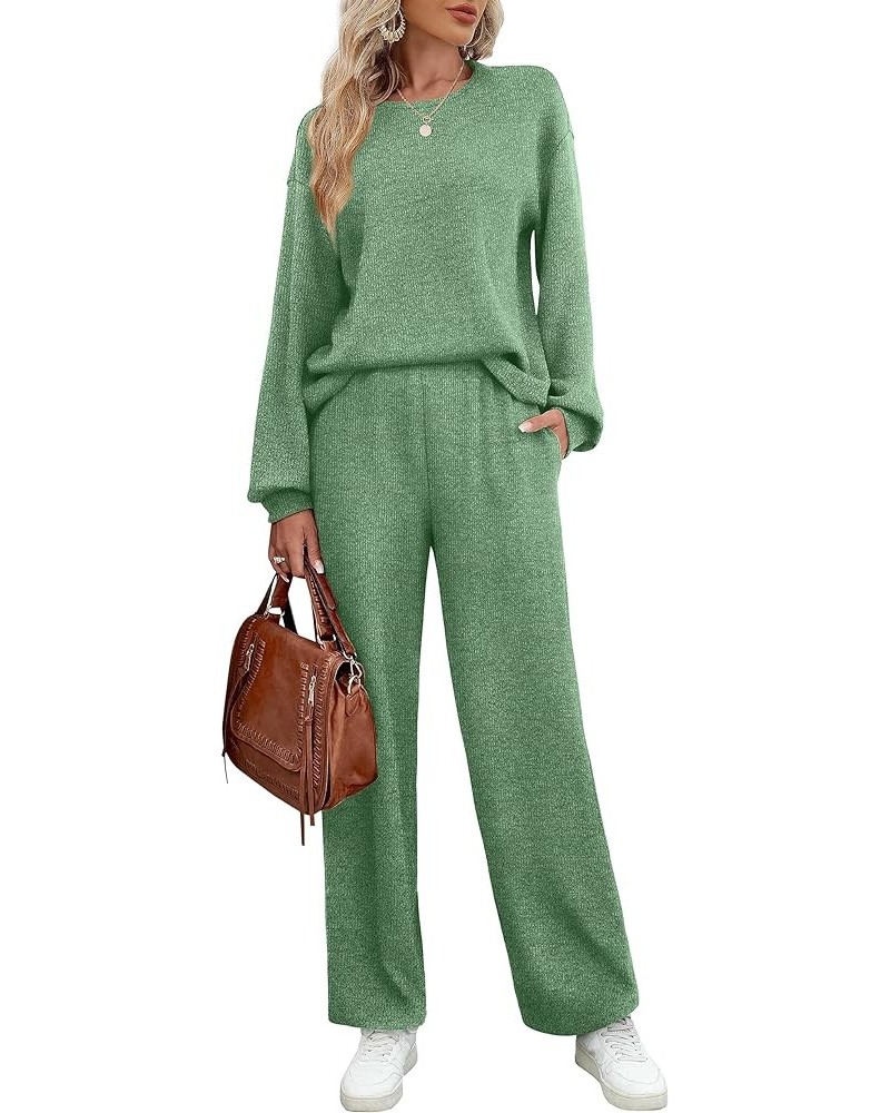 Womens Sweatsuits Sets Long Sleeve Crewneck Top Wide Leg Pants Two Piece Outfits Green $24.43 Activewear