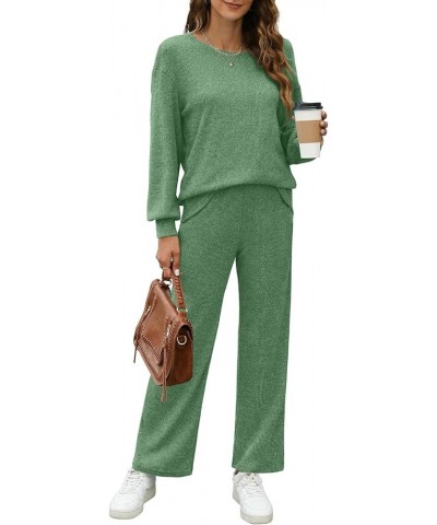 Womens Sweatsuits Sets Long Sleeve Crewneck Top Wide Leg Pants Two Piece Outfits Green $24.43 Activewear