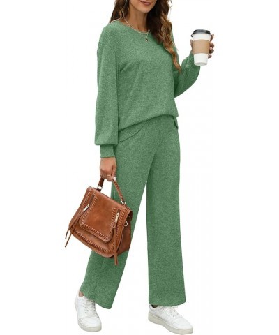 Womens Sweatsuits Sets Long Sleeve Crewneck Top Wide Leg Pants Two Piece Outfits Green $24.43 Activewear